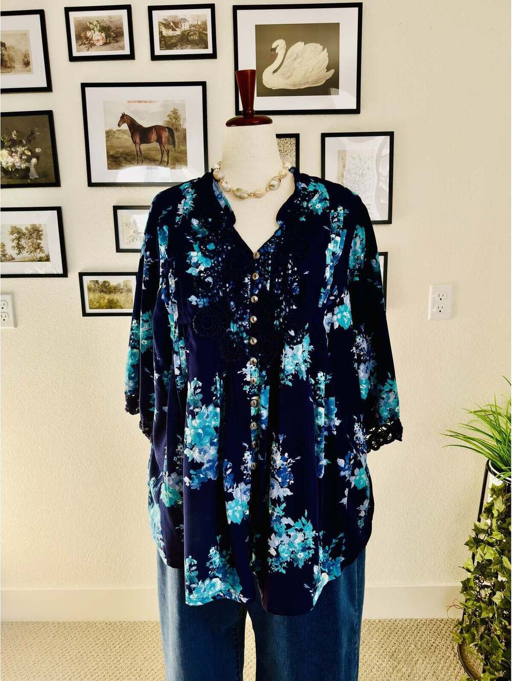 Roaman's Floral Button-Front Lace-Trim Tunic - Size 26W